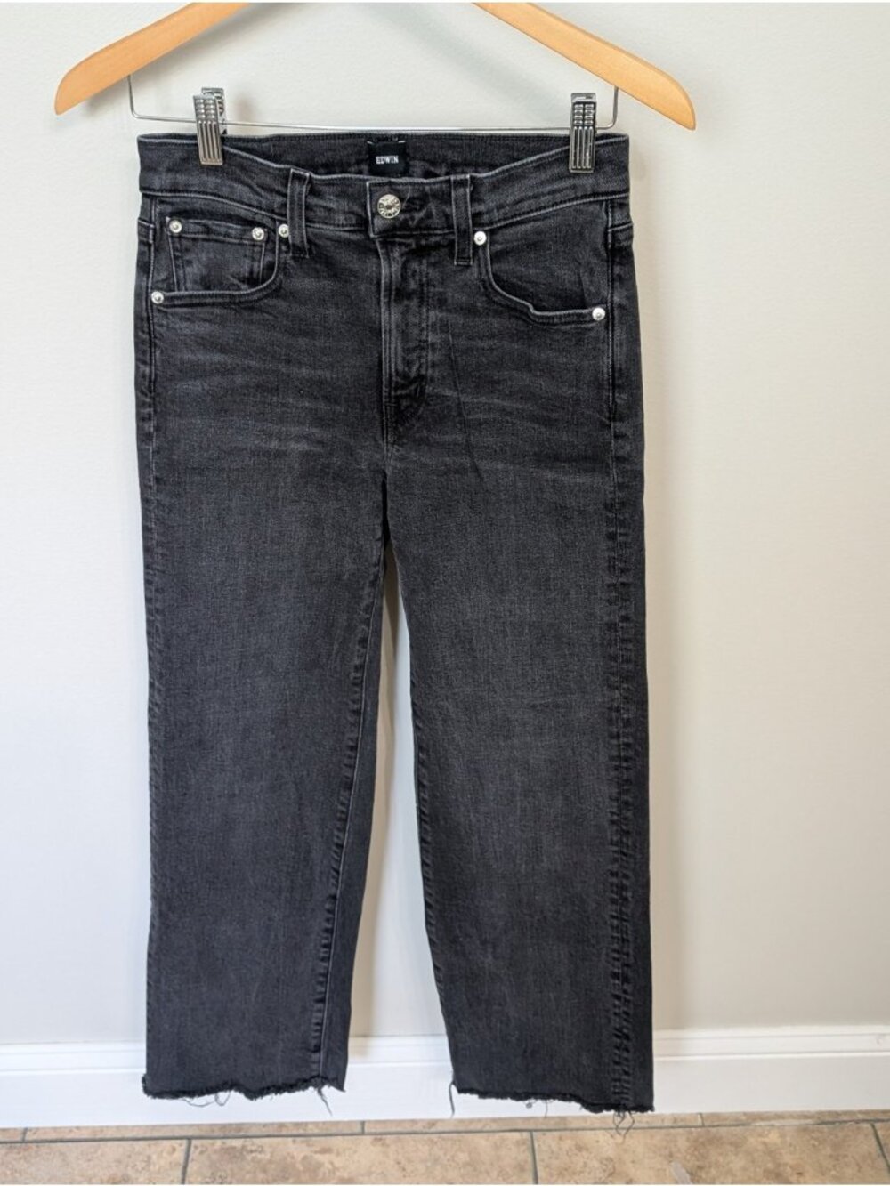 EDWIN Bree Jeans Women's 25 Black Denim High Rise Raw Hem Made USA